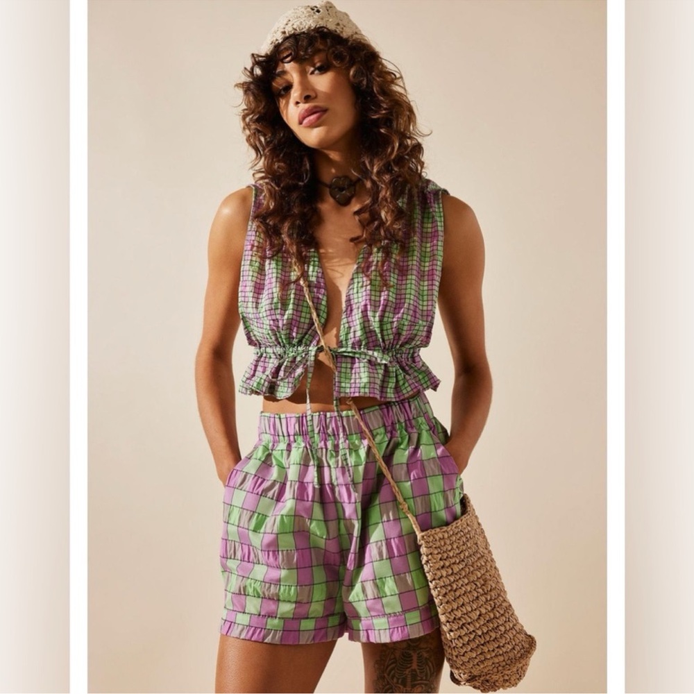 Free People Green and Purple High Waist Shorts